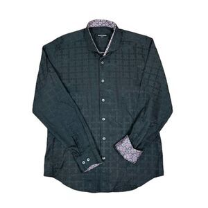 BOGOSSE Rare Embellished Black Button Down Contrast Print Cuff Shirt Size XL